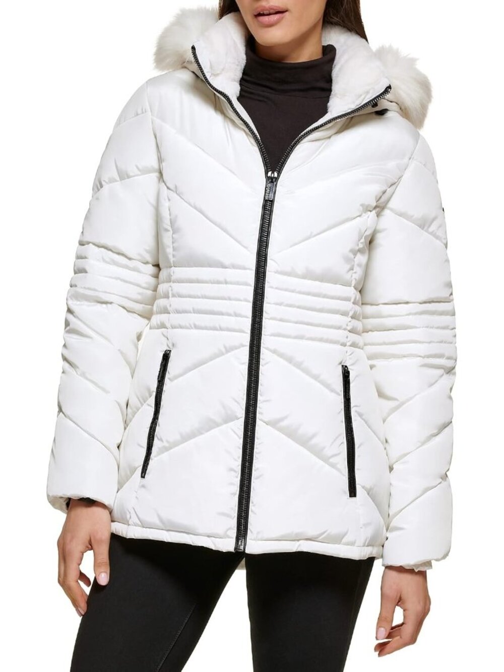 Guess Women's Short Puffer Milk Midweight Imported Polyester Long Puffer Jackets